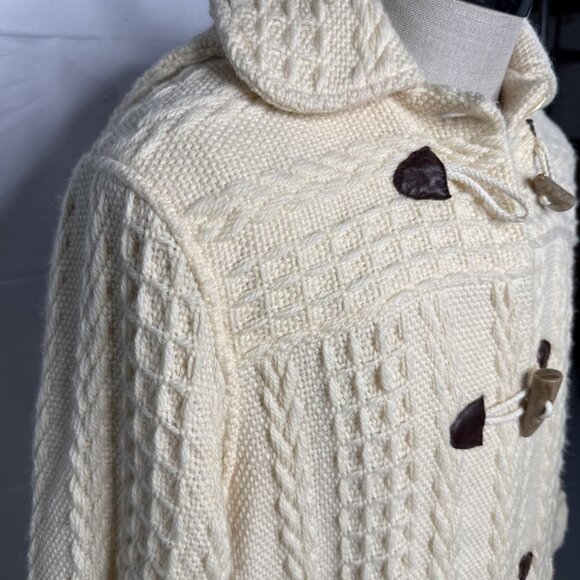 Branigan Weaver Wool Coat M Cream Toggle Buttons Cable Knit Cardigan Fisherman - Picture 6 of 15
